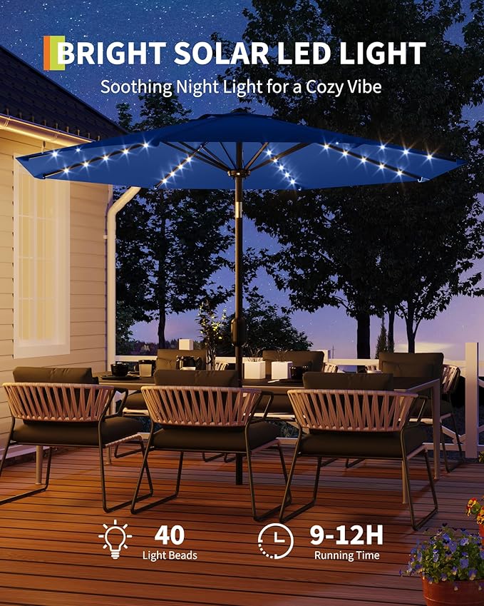 GarveeLife 10 ft Patio Umbrella with Solar Lights, 8 Ribs Outdoor Market Table Umbrella with 40 LED Lights & Tilt Crank for Pool, Deck, Backyard (Navy Blue)
