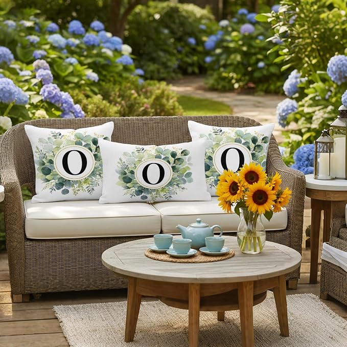 Letter O Waterproof Outdoor Pillow Covers Set of 2 Home Decor, Alphabet Green Eucalyptus Leaves Lumbar Pillowcase Patio Pillow Covers for Couch Bench Patio Furniture Garden 20x12in
