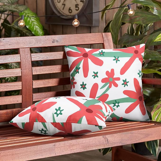 Pyonic Pack of 2 Outdoor Pillows Waterproof 18X18 Inch Spring Boho Floral Water Resistant Decorative Outdoor Pillow Covers for Patio Furniture,White