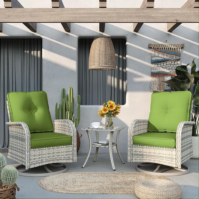 9-Piece Patio Rocking Swivel Chair Outdoor Wicker Rattan Bistro Set with Tempered Glass Side Table, Outdoor Patio Furniture Set for Garden, Deck, and Balcony, Avocado Green