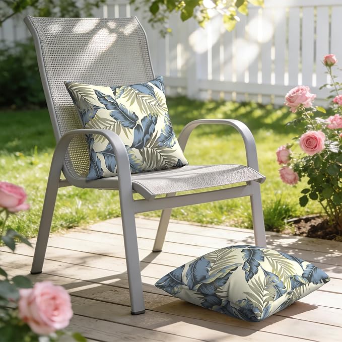 Outdoor Pillows with Insert 18x18 Inch, Waterproof Throw Pillow for Patio Furniture, Decorative Back Cushion for Garden Home Sofa Office Chair, Set of 2, Lush Palm Blue