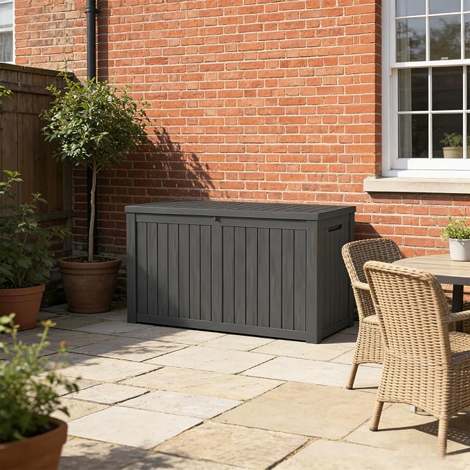 150 Gallon Outdoor Deck Boxes, IP68 Waterproof Outdoor Storage Box with Hydraulic Lid Support, Outside Resin Container for Furniture, Toy, Shoe, Garden & Patio Tools Storage -Black