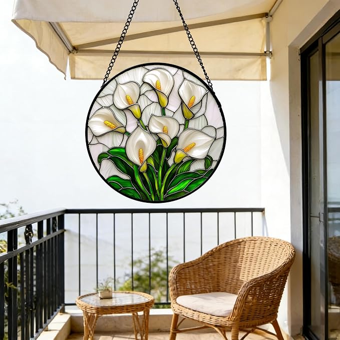 DASTOLL Stained Glass Window Hanging, White Calla Lily Suncatcher Diamond Glass Panel Hangings Flowers Sun Catchers Decor for Birthday for Women, Men, Wife, Aunt, and Mom 14.9x14.9 in