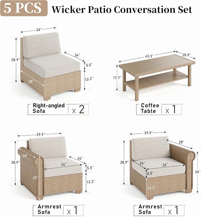 Patio Furniture Set 5 Piece, Wicker Rattan Sectional Sofa Couch with 5.5" Thick Waterproof Cushions and Coffee Table, All weather Modular Outdoor Conversation Set for Lawn Backyard and Deck, Beige