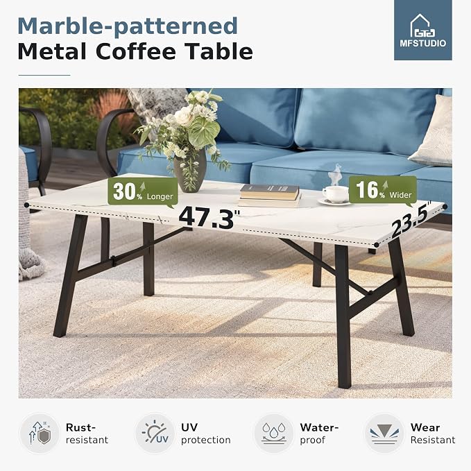 MFSTUDIO 6 Pieces Metal Patio Furniture Sets, 2 Swivel Chairs, 3-Seat Loveseat Sofa, 2 Patio Chairs & 1 Marbling Coffee Table, All Weather 7 Seats Outdoor Conversation Set for Garden Backyard, Navy