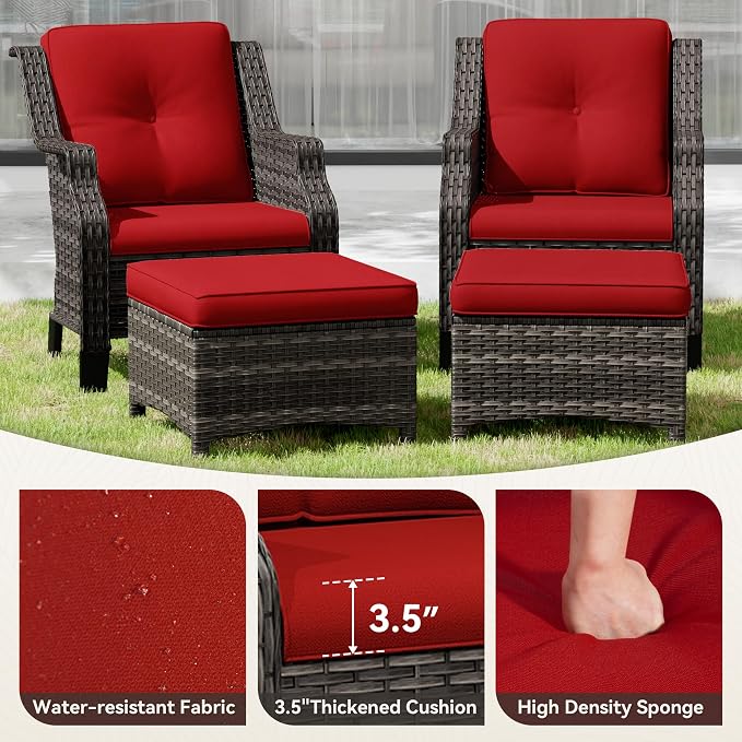 Outdoor Wicker Ottoman Set of 2, Patio Swivel Rattan Ottoman with Thick Cushions, Ideal for Backyard, Garden, Poolside, Red