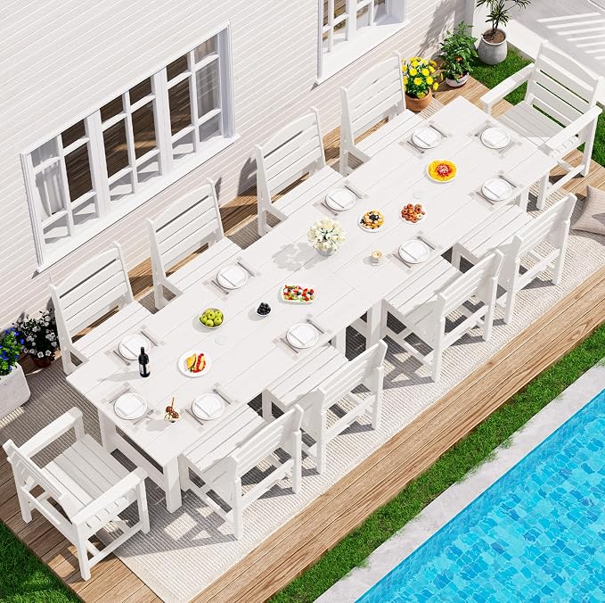 SERWALL HDPE Outdoor Dining Set for 10 with 2 Tables & 10 Chairs, White | 12-Piece HDPE Outdoor Dining Set for 10, All-Weather Resistant Dining Furniture