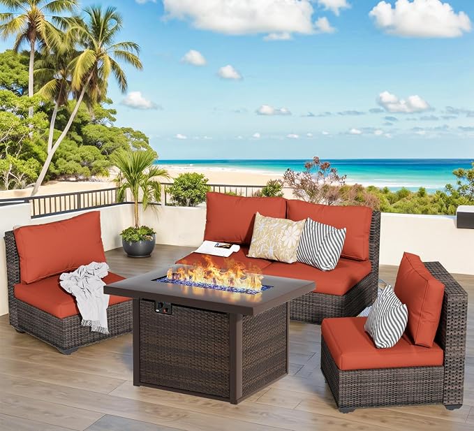 Outdoor Sectional Furniture, 5 Piece Patio Furniture Set with 42-inch Fire Wicker Propane Fire Pit Table - All Weather Wicker Rattan Couch Sofa Conversation Set for Backyard Lawn Poolside Deck, Red