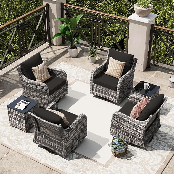 MEISSALIVVE Outdoor Patio Furniture Set with Swivel Chair, 6 Pieces Patio Conversation Set, Patio Sectional Furniture Set with 4 Swivel Rocker Patio Chair and 2 Side Table (Black)
