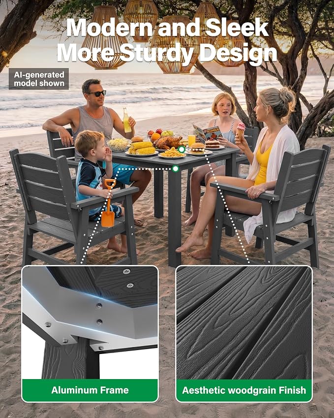 YEFU HIPS Outdoor Table and Chairs : Square Family-Friendly Patio Dining Sets - 5-Piece All-Weather Easy-Clean Outdoor Dining Set - Modern Furniture for Garden Deck Backyard Poolside（Grey）