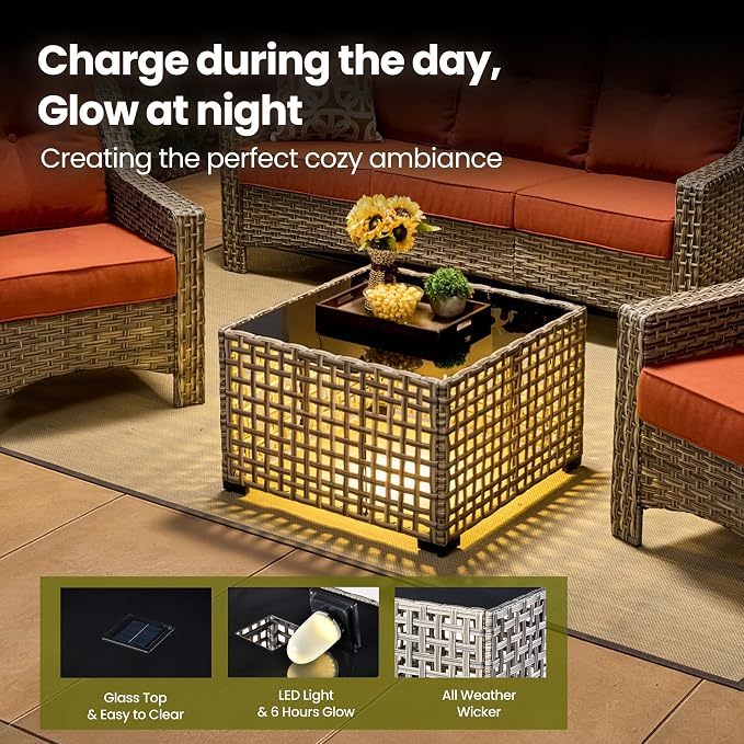 4 Piece Patio Furniture Set with Solar Light Coffee Table, Heavy Duty Wicker High Back Sofa Chairs with Thick Cushion, Small Outdoor Conversation Sets for Backyard Garden Porch, Bold Orange