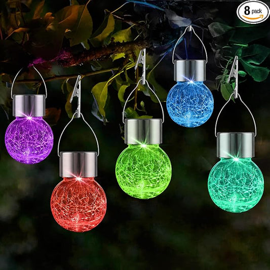 Solar Lights Outdoor Hanging Decorative Globe 8 Pack, Waterproof Solar Lantern with Handle and Clip, Solar Powered Glass Ball Lights for Garden Yard Fence Tree Umbrella Holiday Décor, Color Changing