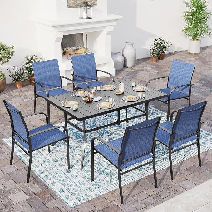 SUNSHINE VALLEY 7 PCS Patio Dining Set for 6, Rectangular Metal Dining Table with Umbrella Hole and 6 Chairs, Outdoor Table and Chairs Set for Lawn Garden Backyard and Deck, Blue