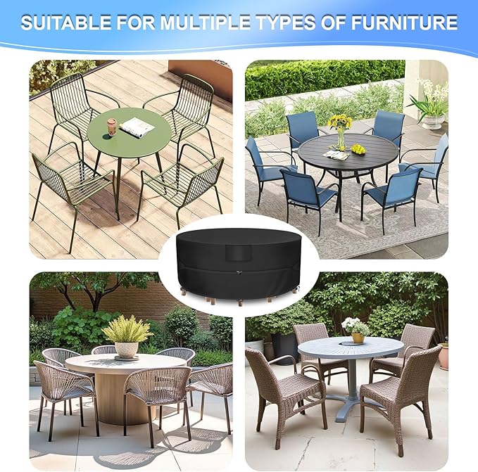 Round Patio Furniture Set Cover, Patio Table Cover Waterproof, Heavy Duty Outdoor Table and Chair Set Cover,Outdoor Furniture Covers for Patio Furniture, 84"Dia x 28"H, Black