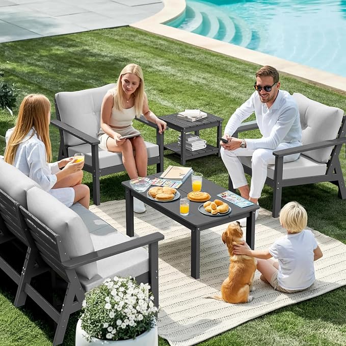 7-Piece HDPE Patio Furniture Set, Outdoor Sectional Sofa Set,All Weather Outdoor Couch with Dust-Free Cushions, Durable Patio Conversation Sets for Balcony, Porch, Gray