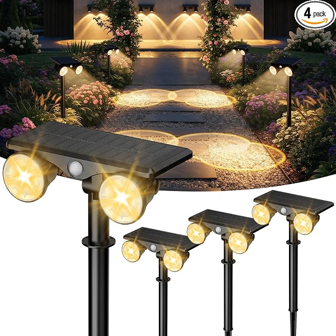 Solar Lights Outdoor Waterproof, Dual Heads Adjustable Solar Spot Lights Outdoor, 2-in-1 Motion Sensor Solar Powered Spotlight Landscape Lighting for Garden, Yard, Pathway- 4 Pack(Warm Light)