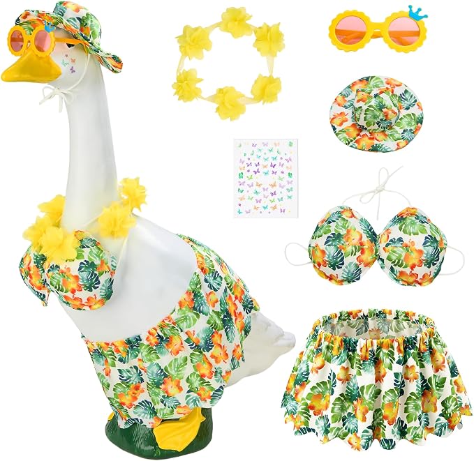 Green Bikini Goose Clothes Set with Sunglasses Lei Hat, Green Hawaiian Swimming Suits Porch Goose Outfits for 23 Inch Goose Statue, Summer Tropical Yard Garden Decor (Green)