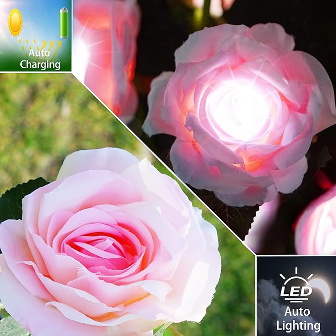 Solar Flower Lights Garden Decorations Outdoor Waterproof [Updated] 2 Packs 10 Pink Roses Solar Decorative Stake Lights for Patio Pathway Yard Lawn Decor Gifts