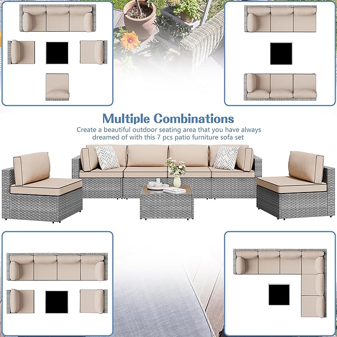 7 Piece Outdoor Patio Furniture Set,Silver PE Rattan Wicker Sectional Sofa, All Weather Conversation Set with Washable Cushions & Glass Coffee Table for Backyard Poolside Garden Porch,Khaki