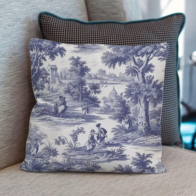 Navy White Blue Decorative Toile Print Cushion Cases French Charmed Life Toile Throw Pillow Cover Rustic Decorative Cushion Covers Home Decor for Patio Furniture Garden 22x22 in