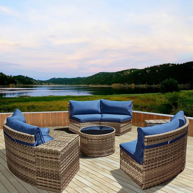 ECOTOUGE Large Half-Moon Outdoor Patio Furniture Set, 9 Piece Wicker Rattan Patio Sectional Furniture Sofa Set Conversation Set for Pool Backyard Balcony Garden(Blue)
