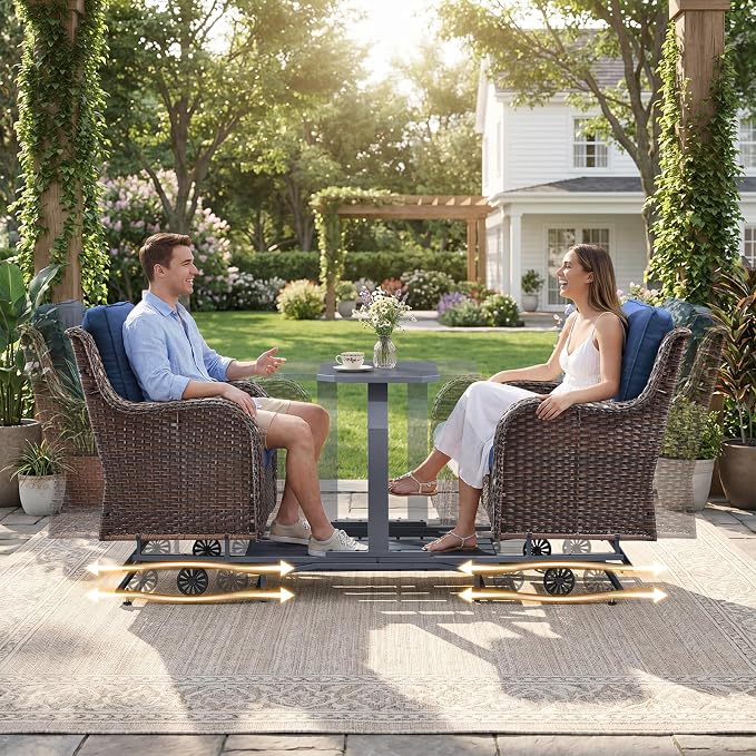 Rilyson Luxury Wicker Outdoor Conversation Set with Glider Rocker Chairs, 5 Pieces Patio Furniture Set with Rattan Swivel Rocker Chairs and Ottomans All Weather Brown/Blue
