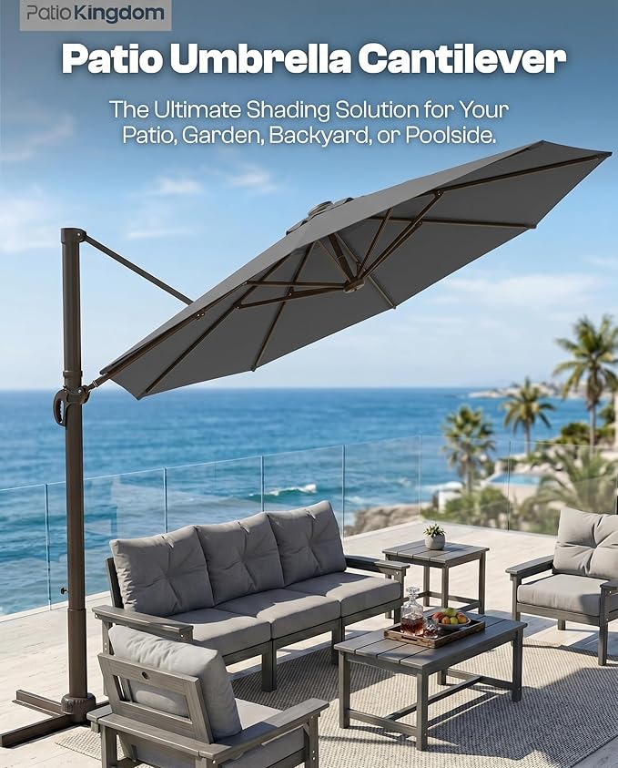 11 FT Round Cantilever Umbrella,Easy Tilt, Fade Resistant & 360° Rotation, Offset for Pool Deck Backyard Patiocharcoal gray (Base not Included)