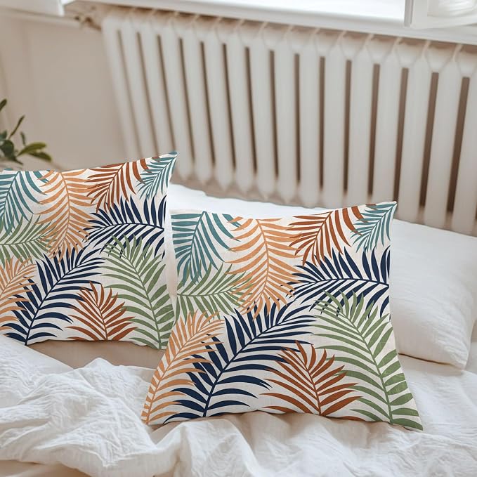 Red Green Navy Palm Leaves Outdoor Pillow Covers 26"x26" Set of 2, Summer Botanical Vintage Tropical Leaf Rustic Waterproof Throw Pillow Covers for Patio Furniture, Decorative Cushion Covers for Porch