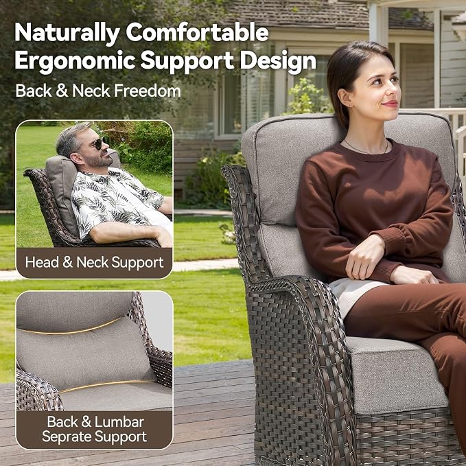 HUMMUH Outdoor Patio Wicker Swivel Rocker Chairs with 6-Inch Thick Cushion High Back 3 PCS Wicker Conversation Set for Porch Balcony Deck