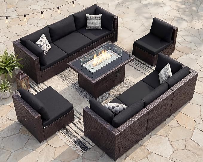 BULEXYARD 9 Pcs High Back Outdoor Sectional Set with Firepit Table, High-End Patio Furniture Seating Set, Big Oversized Wide Deep Modular 8-Seater Couch Sofa for Backyard, Brown Wicker & Black Cushion