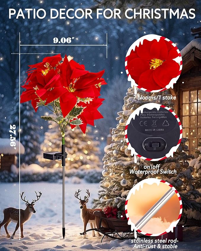 Solar Christmas Flower Lights-IP65 Waterproof XS Pathway Lights,Outdoor Christmas Decorations with 7 Bouquets/1 Stake,Unique Flower Design Complement the Christmas Trees for Garden/Yard/Patio,4 Packs