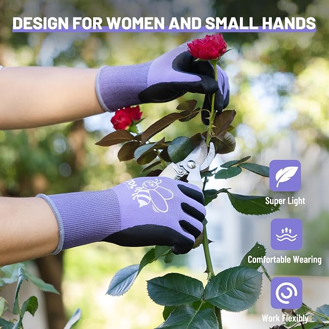 JDL 3 Pairs Nylon Nitrile Coated Gardening Gloves for Women, Touchscreen Yard Garden Gloves, Breathable Safety Work Gloves with Grip, Purple, Large