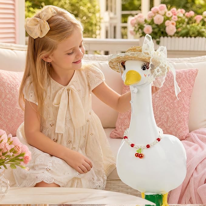 Porch Goose Statue 8pc Accessory Combination Set, White Lace Goose Accessories Kit with Glasses Bow Hat Necklace Stickers for 23 Inch Goose, Elegant Girl Style Yard Decor (White Lace 8PC)
