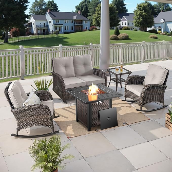 5 Pieces Patio Furniture Set with 50000 BTU Propane Fire Pit Table, All-Weather Patio Rocking Chairs, Loveseat Glider and Side Table for Outdoor Conversation Deck Backyard Poolside Beige
