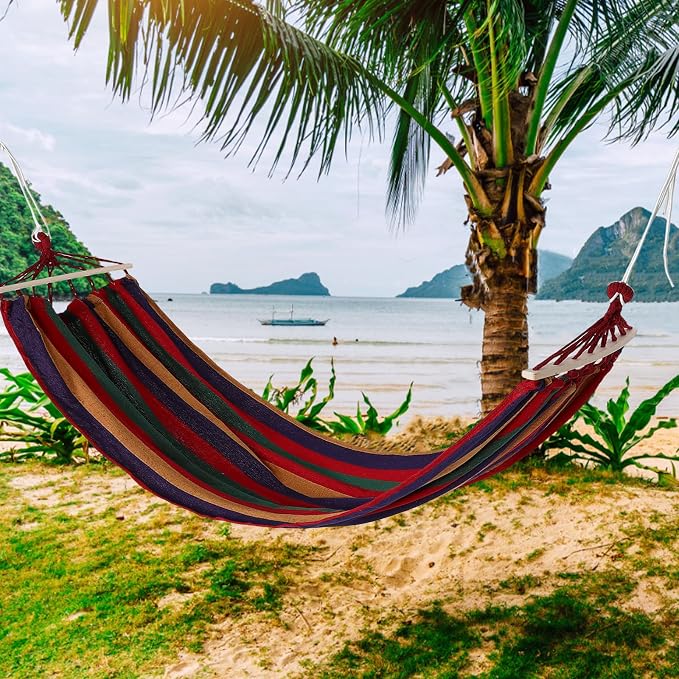 Outdoor Camping Hammock Canvas Thickened Single-Person 200x80cm Striped with Anti-tip Design and Curved Rod, Weatherproof Portable Hammock for Backyard and Travel