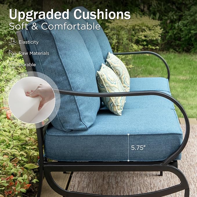 PHI VILLA 6 Piece Patio Furniture Sets with 1 x 3-Seat Wide Deep Seating Bench, 2 x Swivel Cushioned Sofa Chairs, 2 x Leg Sofa and 1 x Coffee Table, Outdoor Metal Furniture Set for 7 Person,Navy Blue