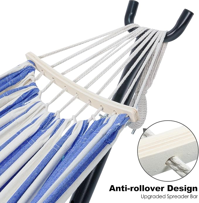 GAFETE Double Hammock with Stand for Outside, Upgraded Spreader Bar, Heavy Duty Space Saving Steel Stand 2 Person, Convenient Pockets, 600lbs Weight Capacity, Indoor & Outdoor (Blue & White)