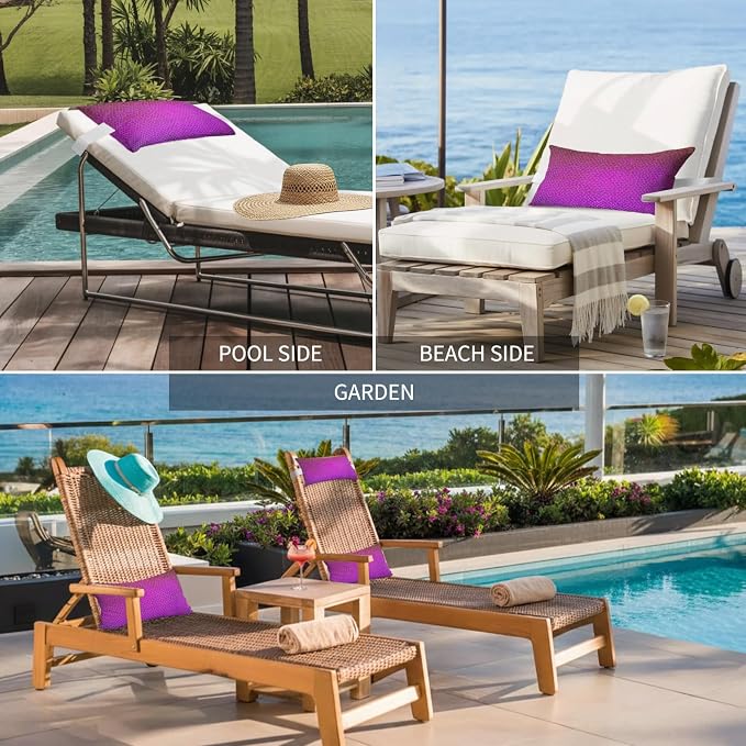Chaise Lounge Headrest Pillow 1 Pack, Purple Red Ombre Waterproof Chair Pillows with Insert & Adjustable Elastic Strap for Beach Pool Recliner, Geometric Stained Glass Outdoor Patio Pillow
