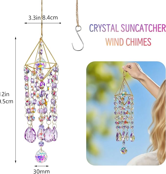 21.5'' Crystal Prisms Suncatcher for Window Hanging,Purple | Rainbow Maker,Sun Catcher Indoor Window,Glass Wind Chimes,Whimsical Decor For Home Garden,Zen Christmas Birthday Gift
