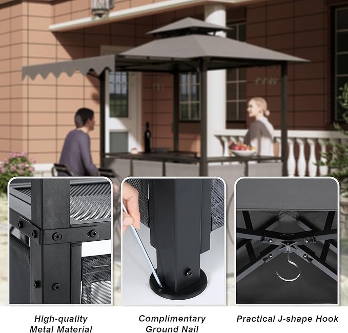 ABCCANOPY Grill Gazebo with Extra Awning - 6.4'x6.8' Outdoor BBQ Canopy with Bar Table and 2 Foldable Chairs, Barbecue with LED Lights for Backyard, Lawn and Patio (Dark Gray)