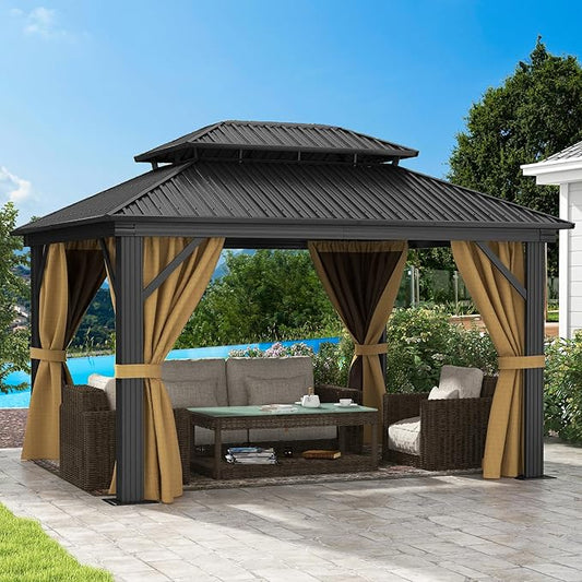 DWVO 12x14ft Gazebo Double Roof Hardtop with Nettings and Curtains, Heavy Duty Galvanized Steel Outdoor Vertical Stripes Roof for Patio, Backyard, Deck, Lawns, Brown