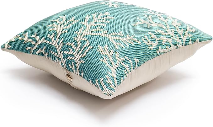 Liora Manne Marina Indoor/Outdoor Power Loomed Easy Care Pillow - Transitional Border Coastal Beach Accent (Coral Edge Aqua) (12" x 18")
