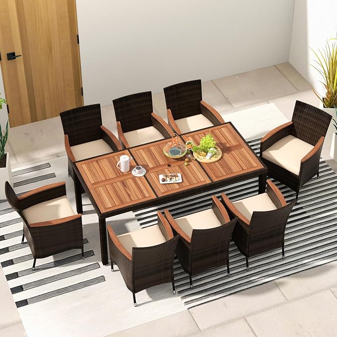 HAPPYGRILL 9 Pieces Patio Dining Set, Outdoor Rattan Wicker Dining Set with Cushions, Patio Dining Furniture Set with Acacia Wood Table Top & Armrest