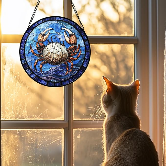 DASTOLL Stained Glass Window Hanging 4 Pcs Set Blue Ocean Waves 6.3" - Starfish Crab Seal Suncatcher Door Garden Sun Catcher Decor Birthday for Mom Woman Nana Men Friend
