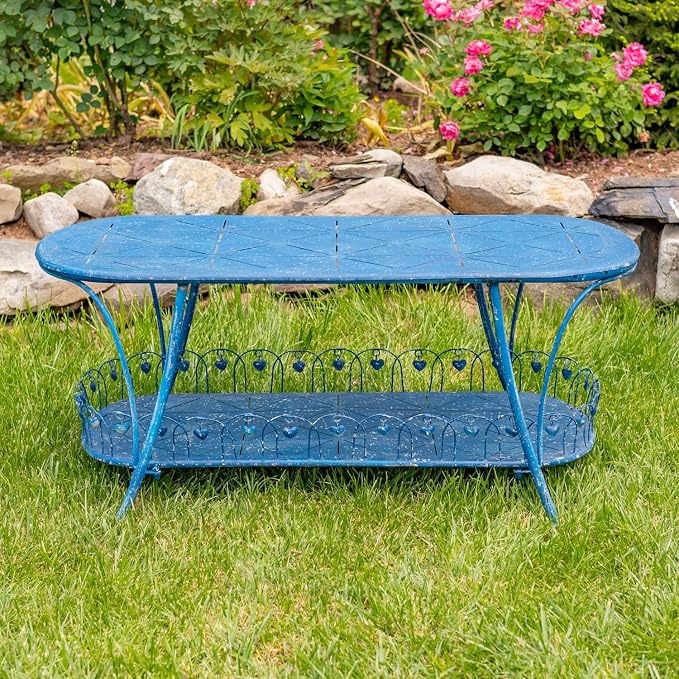 Zaer Ltd. Vintage Style Metal Patio Furniture with Heart Design Accents, Outdoor/Indoor Decor (Vintage Blue, Coffee Table)