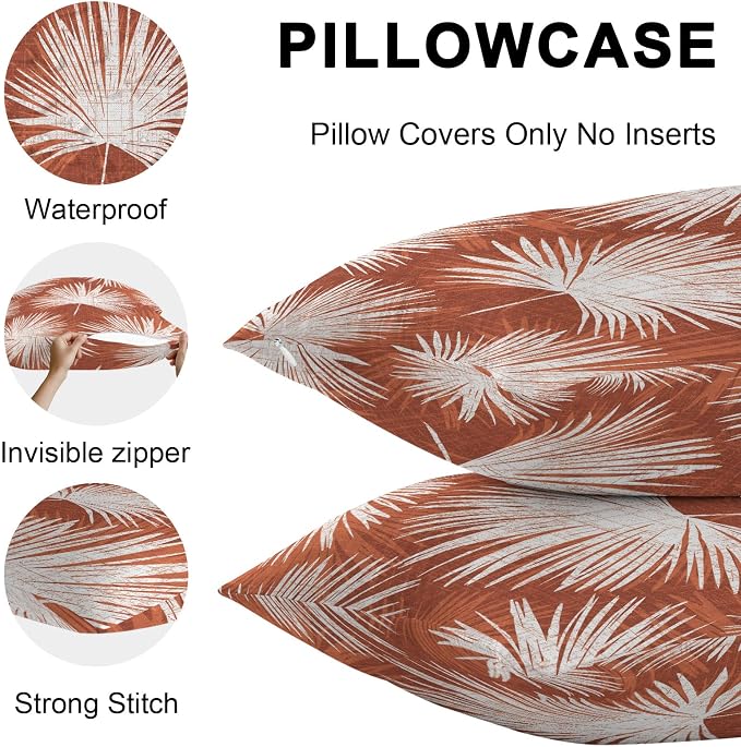 Throw Pillow Covers 18x18 Inch Set of 2, Burnt Orange Palm Leaves Waterproof Outdoor Pillow Covers, Summer Tropical Botanical Decorative Cushion Pillowcases for Couch, Sofa, Bed, Garden, Patio