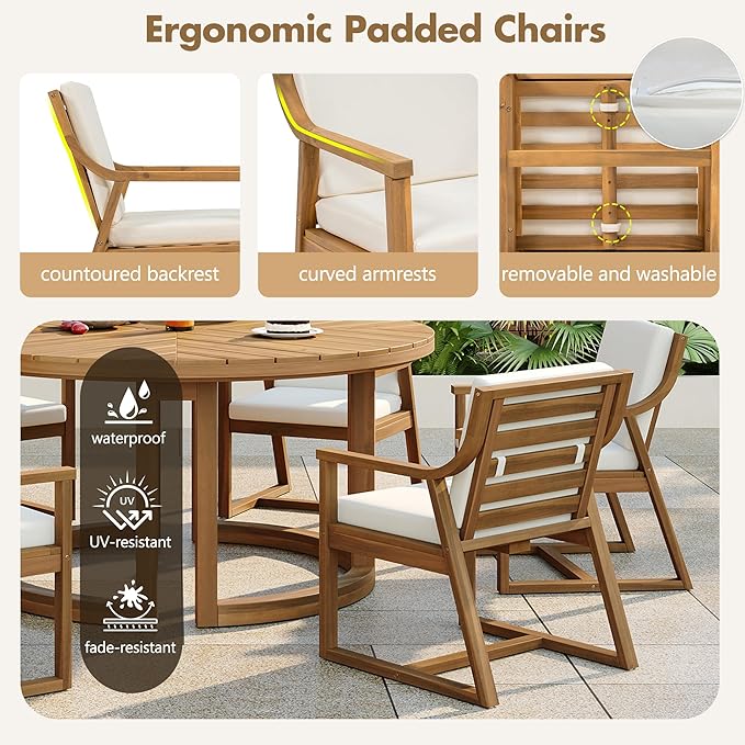 7-Piece Outdoor Patio Dining Set, All-Weather Acacia Wood 59'' Round Dining Table with 1.96" Umbrella Hole and 6 Arm Chairs for Backyard, Balcony, Garden, Poolside (Light Teak-2.14)