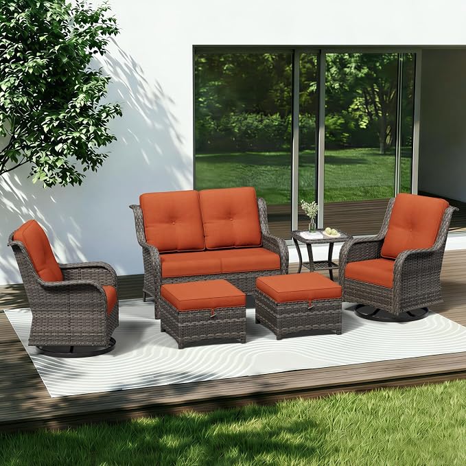 6 Piece Outdoor Wicker Patio Furniture Set, Outdoor Swivel Rocker Patio Chairs Set with Thickened Olefin Cushions, High Back and Deep Seating, Hand-Woven PE Rattan for Porch, Deck