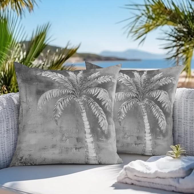 Coastal Beach Tree Grey Outdoor Waterproof Pillow Covers, Vintage Summer Palm Tree Decorative Square Throw Pillowcase, Tropical Botanical Sofa Cushion Sham for Patio/Couch/Chair, 16"x16" 2 Pack