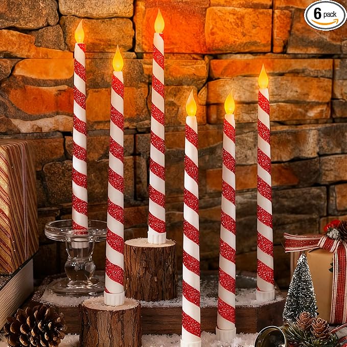 6PCS Christmas Flameless Taper Candles - Candy Cane Red and White Stripes Flickering Battery Operated LED Candles for Xmas Centerpiece Holiday Party, Wedding, Winter Home Decoration